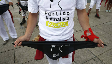 Una persona sujeta un pañuelo negro en la protesta del PACMA en Pamplona. EFE