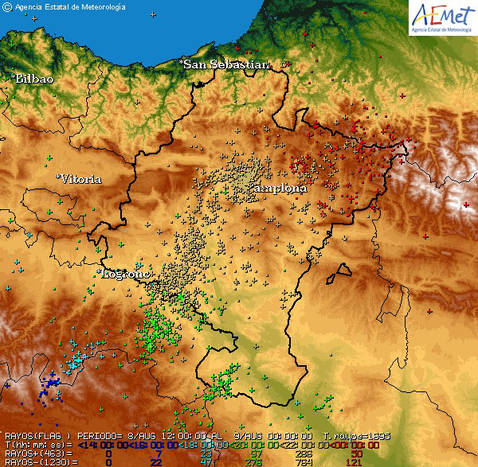 Más de 1.000 rayos se registraron este sábado por la noche en Navarra