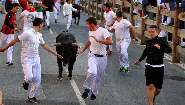 Un joven corre delante de los toros en el cuarto encierro de las fiestas de Tafalla.