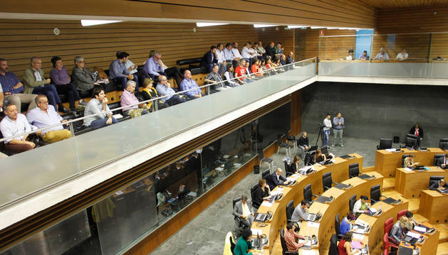 Imagen de los alcaldes y representantes de la Ribera que acudieron ayer al pleno monográfico sobre la comarca que se celebró en el Parlamento.