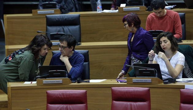 Desde la izquierda, Ainhoa Aznárez, Carlos Couso, Tere Sáez, Rubén Velasco y Laura Pérez, cinco de los siete parlamentarios de Podemos.