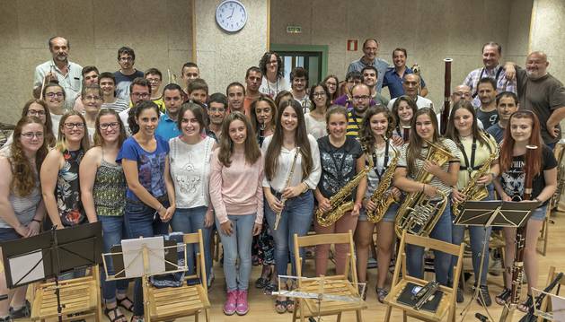 La Unión Musical Estellesa, este viernes por la tarde en su sede del barrio de San Miguel durante el ensayo habitual de los viernes.
