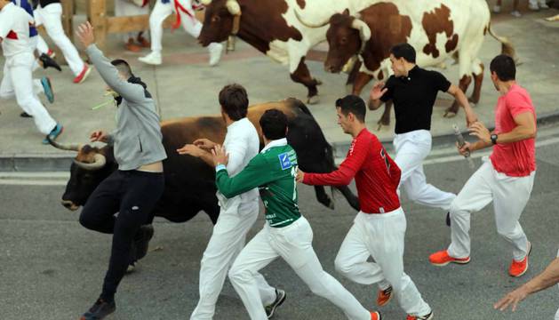 Los toros de la ganadería Aguadulce, de Sevilla, han protagonizado un segundo encierro rápido y limpio.