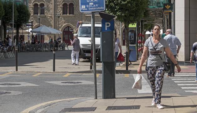 Señalización de la actual zona azul de Estella con uno de los parquímetros que la regulan.