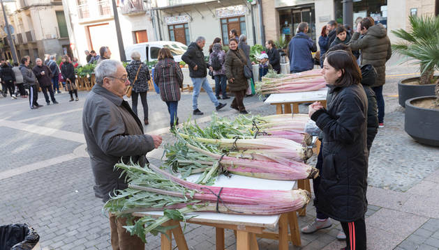 Varias personas contemplan los cardos rojos que se pusieron ayer a la venta en el mercado de productos típicos de Corella.