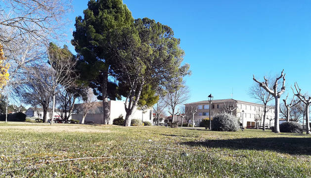 Terrenos sobre los que se levantará el futuro IESO de Ribaforada, con el colegio público al fondo.