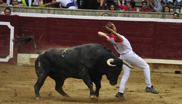 El morlaco marcado con el número 6, de nombres 'Ragués', amenaza al vallisoletano Cristian Moras.