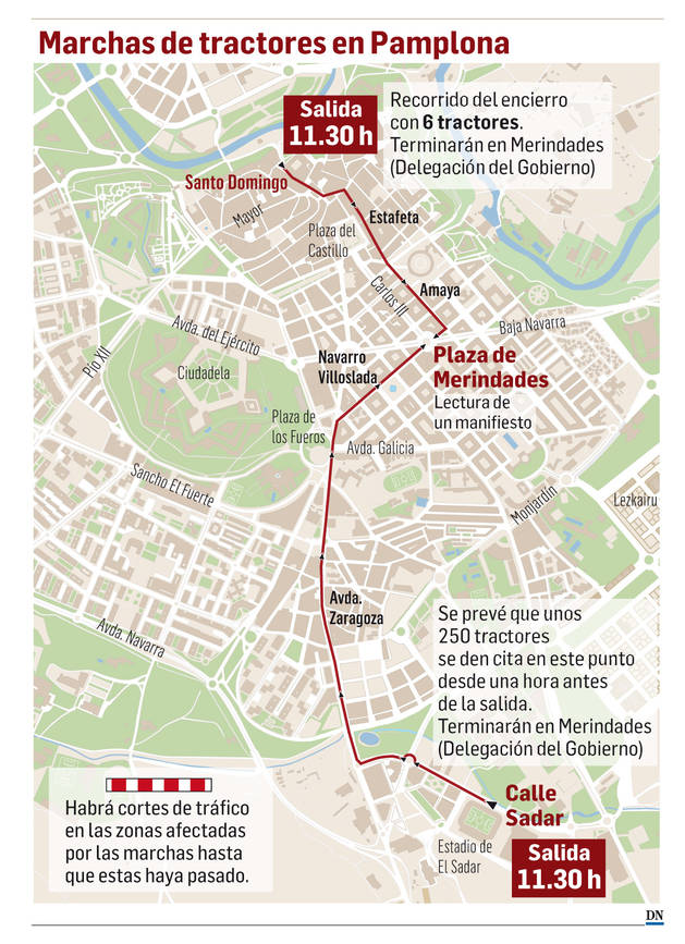 Unos 250 tractores colapsan hoy carreteras y el centro de Pamplona