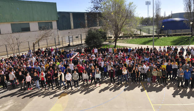Estudiantes del IES Ribera del Arga de Secundaria y Bachillerato posaron para la fotografía en el patio del centro educativo.