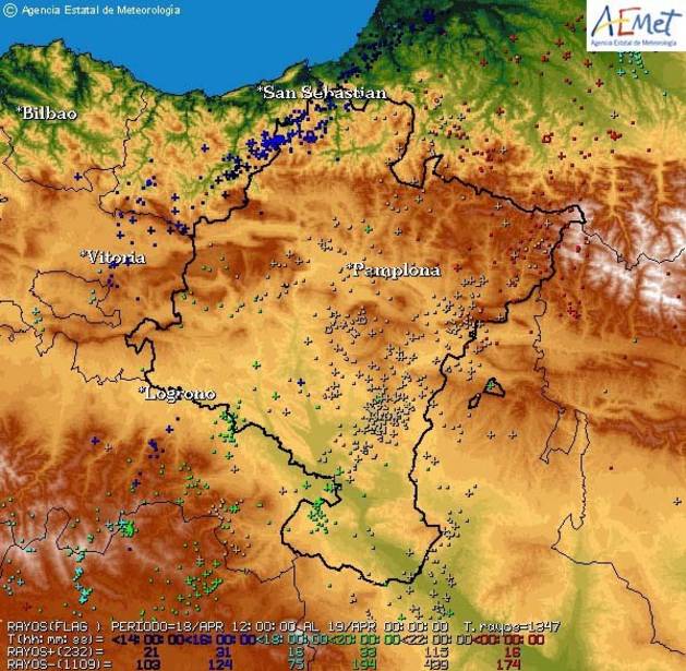 Más de 1.300 rayos cayeron este sábado en Navarra