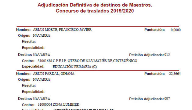 Publicado el listado definitivo del concurso de traslados de maestros en Navarra