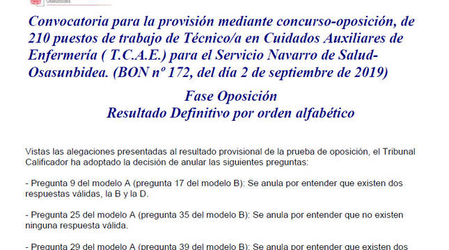 Publicadas las listas definitivas de la fase de oposición de técnico de auxiliar de enfermería