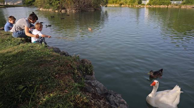 Foto de Miren con sus hijos Asier y Aimar contemplando los patos del lago de Mendillorri durante un paseo de este verano.