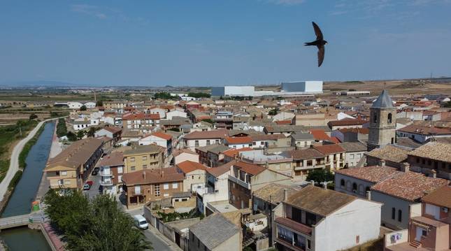 Vista aérea de Fustiñana con el canal de Tauste a la derecha y las Bardenas Reales al fondo.