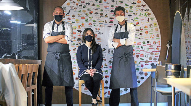 Rubén González, Patricia Lugo y Jon Urrutikoetxea frente al calendario de productos que rige el Hamabi.