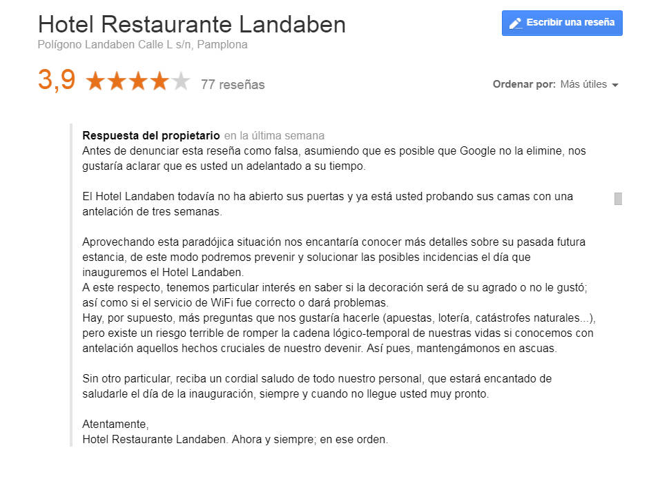 La respuesta de un hotel navarro a una crítica en internet de un