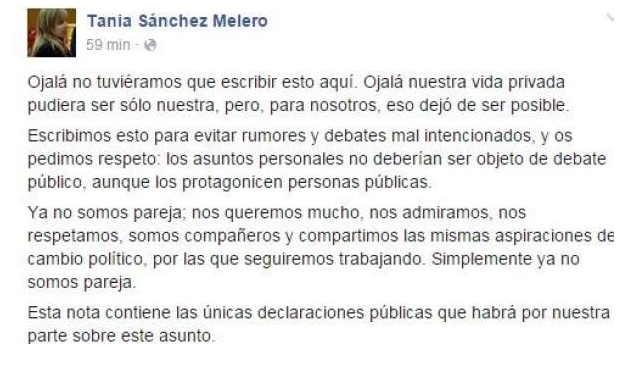 Carta en Facebook confirmando la ruptura de Tania Sánchez y Pablo Iglesias