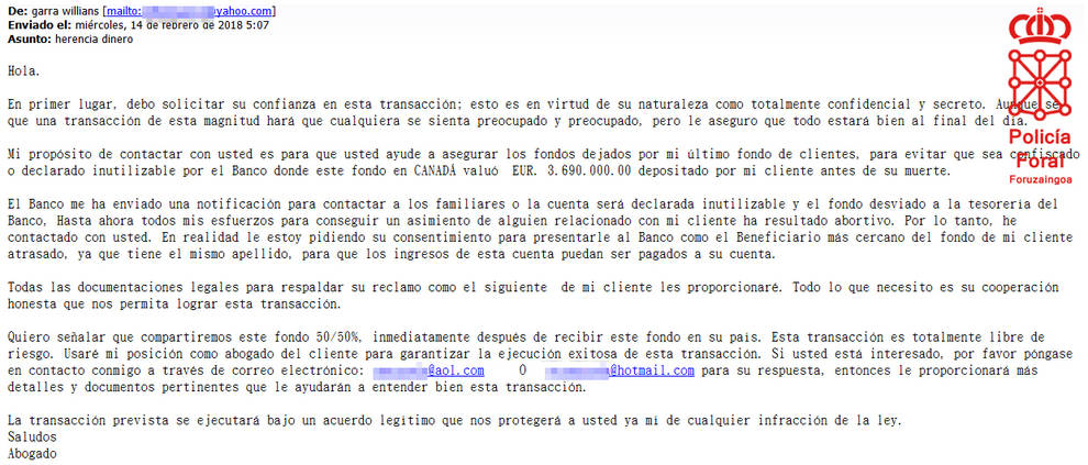 Policía Foral alerta de una nueva oleada de intentos de estafa mediante “cartas nigerianas”