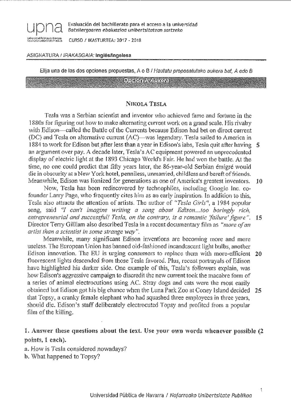 Examen de inglés de la selectividad de 2018