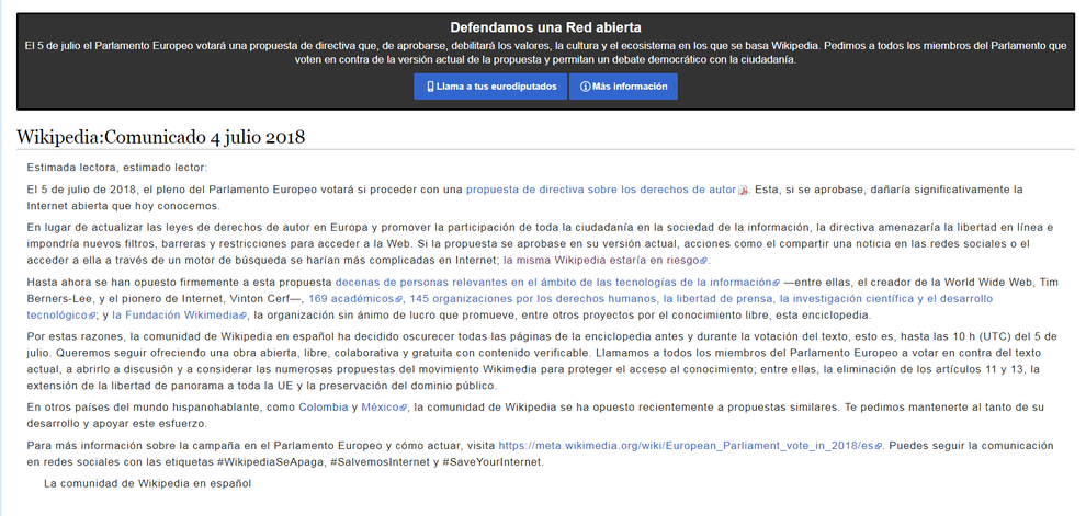 La Wikipedia en español, en riesgo y cerrada hasta el 5 de julio