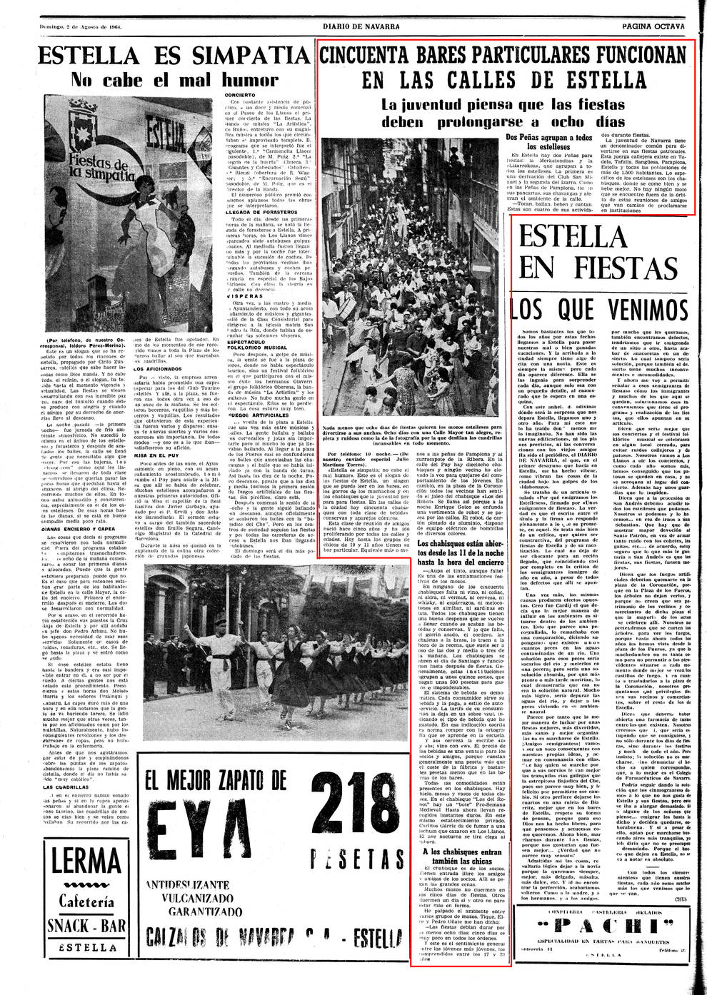 Artículo de Diario de Navarra del 2 de agosto de 1964 sobre los chabisques de fiestas de Estella.