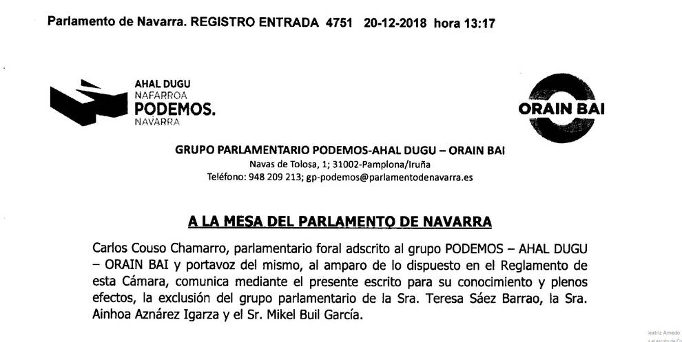Podemos Orain Bai expulsa del grupo parlamentario a Aznárez, Buil y Saez