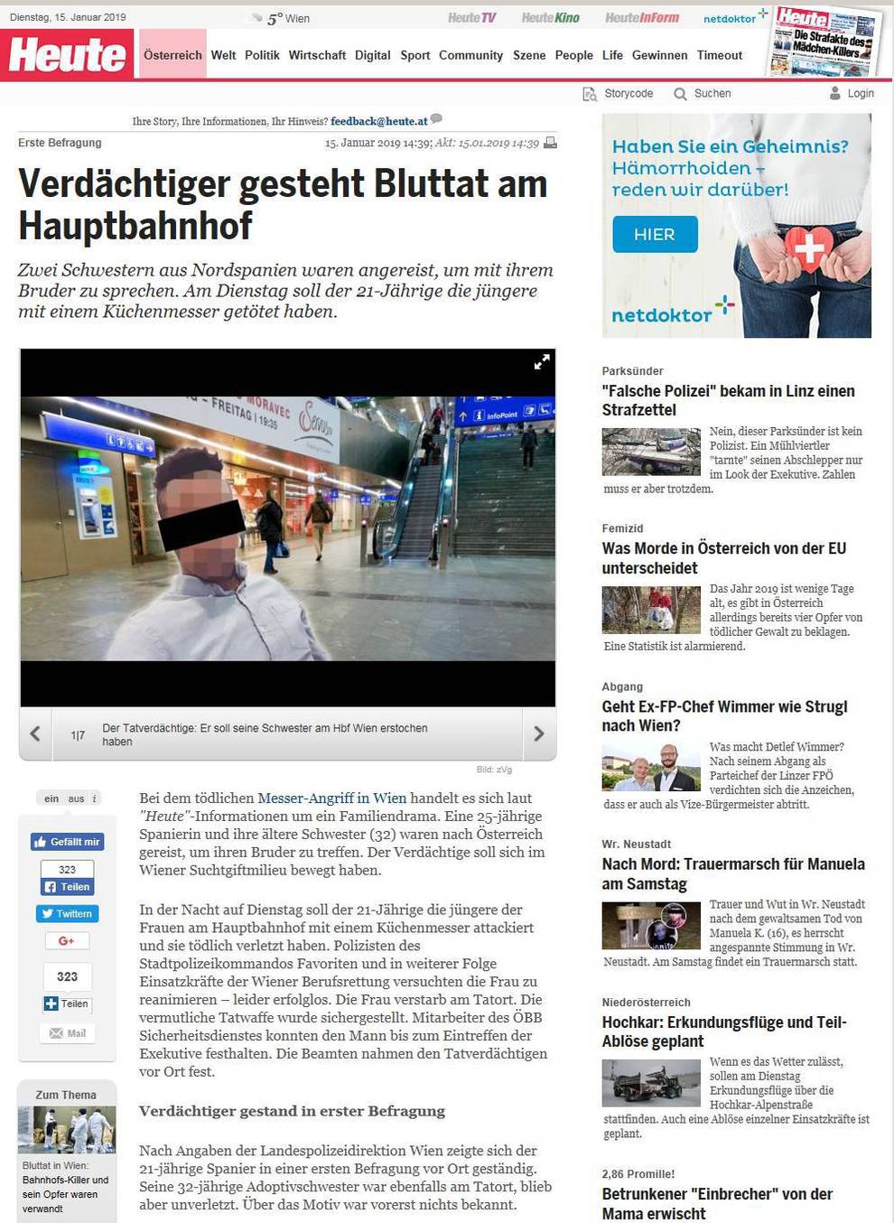 La noticia del crimen, portada este martes de los medios austriacos.