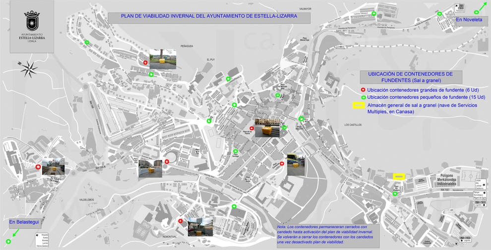 Mapa con las ubicaciones de los contenedores de sal en Estella.