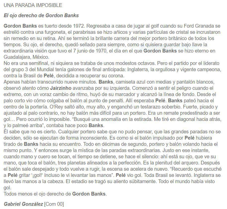 texto de Gabriel González sobre Gordon Banks