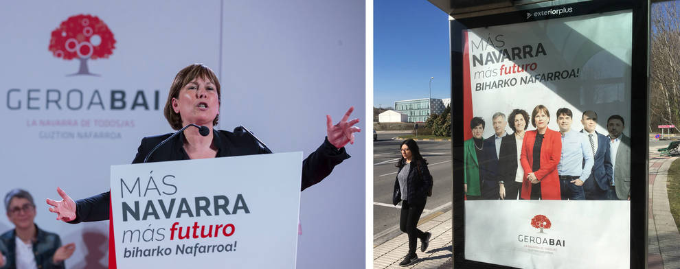 A la izquierda, Barkos en el acto preelectoral de Geroa Bai del pasado día 10; a la derecha, marquesina con la publicidad nacionalista.