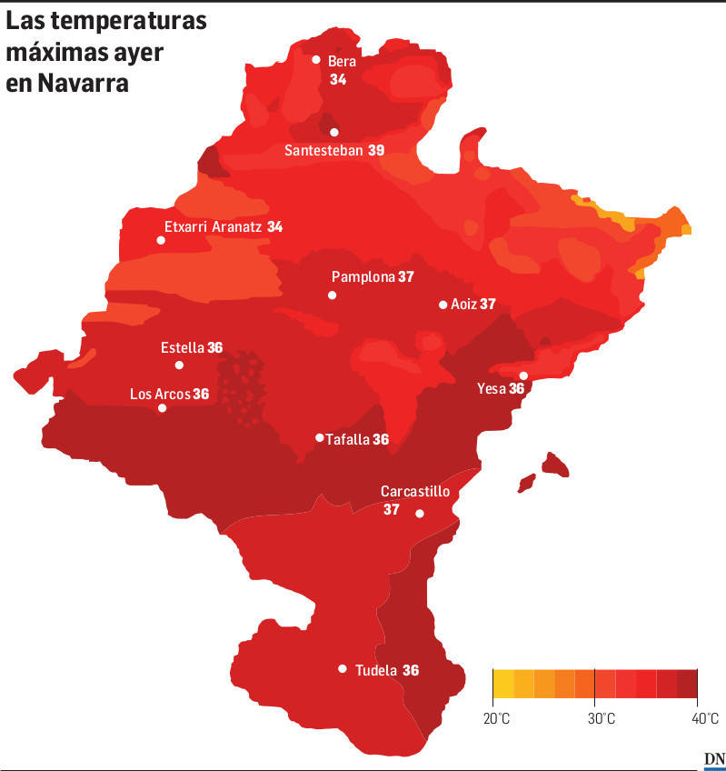 Mapa de las temperaturas alcanzadas en Navarra el miércoles 26 de junio.