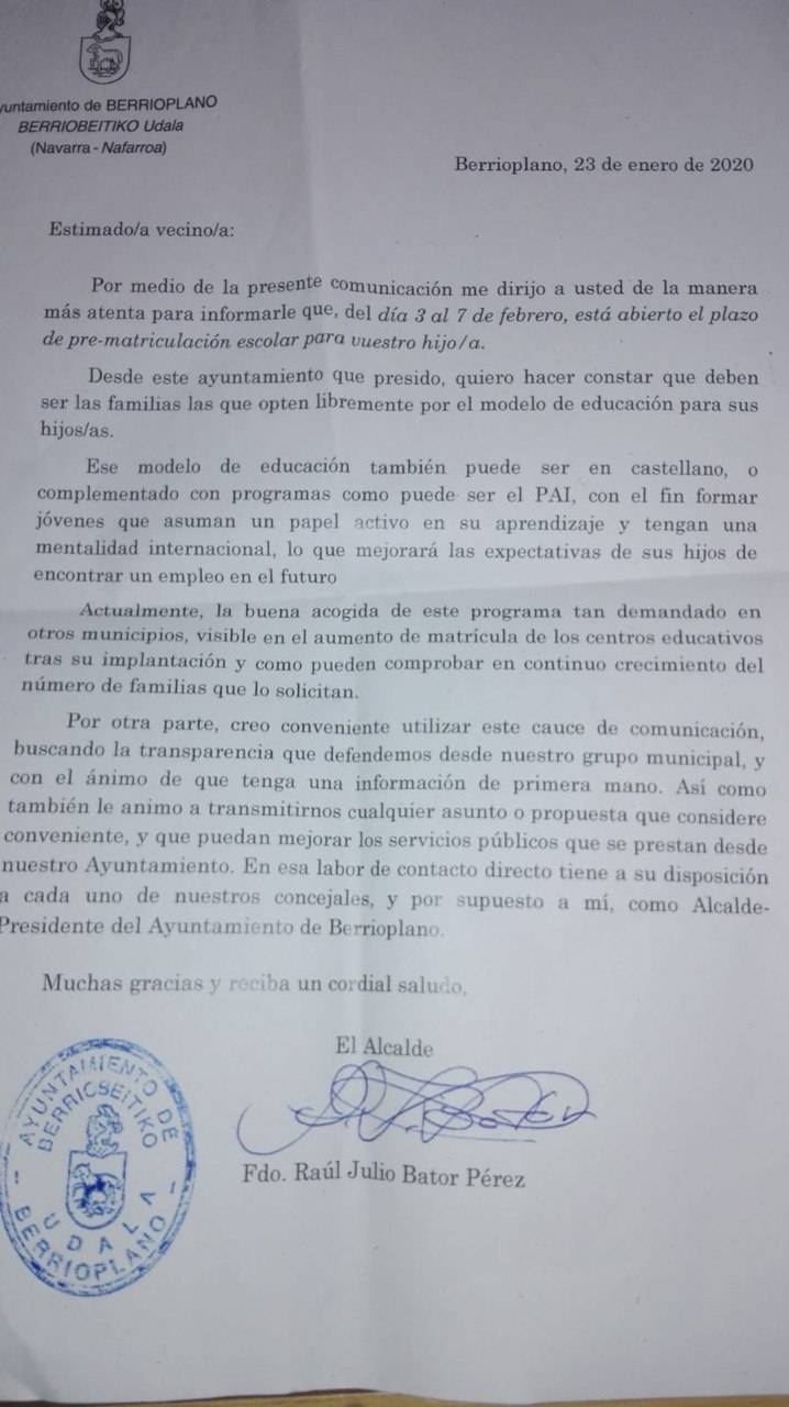 Podemos critica la euskarafobia de una carta del alcalde de Berrioplano