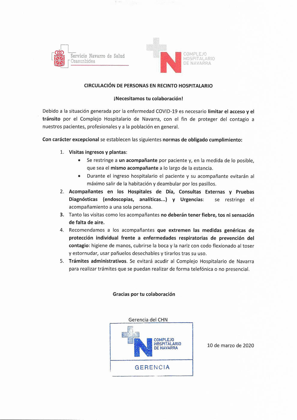 Medidas para frenar el coronavirus en el Complejo Hospitalario de Navarra