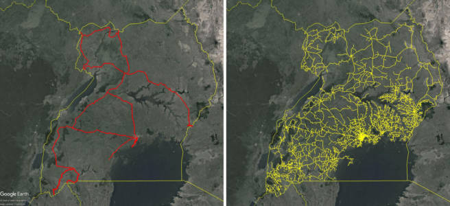 Mapas de Uganda que comparan la extensión de la huella total de fibra (que se muestra en rojo) y las líneas eléctricas de MT (que se muestran en amarillo).