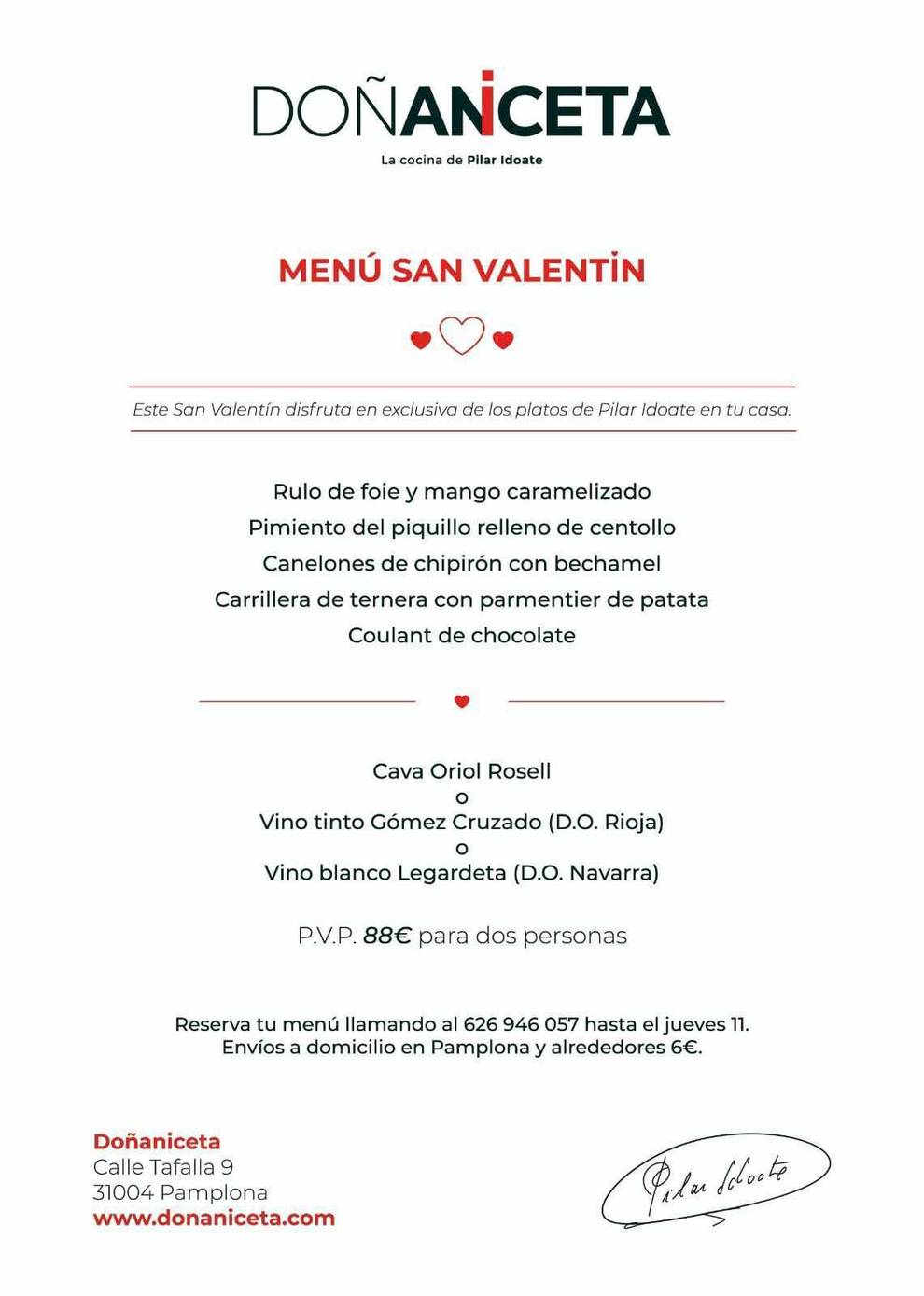 Imagen del menú de San Valentín de Doña Aniceta